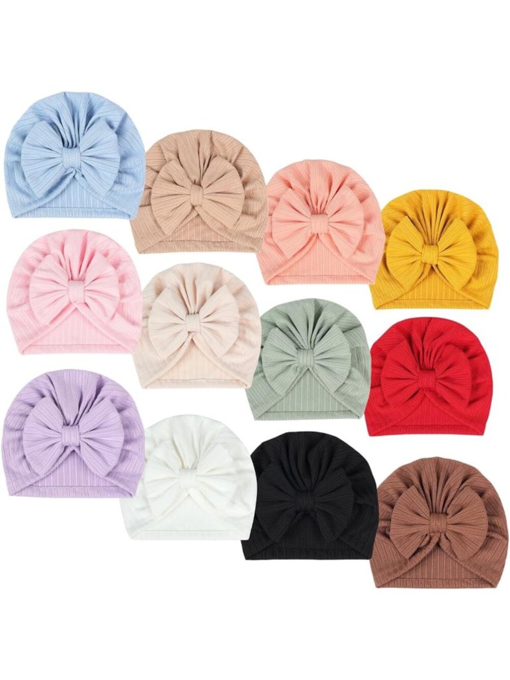 12 Pack Infant Girls' Big Bow Hats - Soft Linen Cotton Caps for Newborns 0-24M
